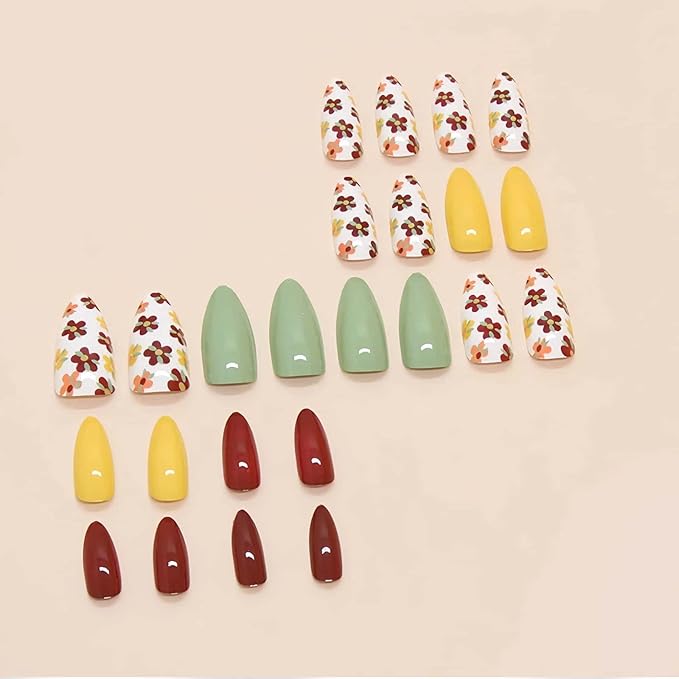 24 Pcs Press on Nails Almond Short Fake Nails Multiple Color Glossy Full Cover with Floral Designs Glue on Nails Reusable Acrylic Nails Removable Stick on Nails for Women Girls