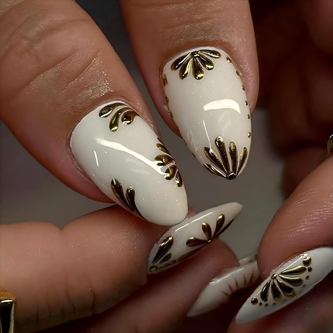 Press on Nails Medium Almond Fake Nails 3d Gold Chrome Flower Acrylic Nails with Red Heart Designs Glossy White Glue on Nails Full Cover Artificial Stick on Nails for Women Manicure 24Pcs