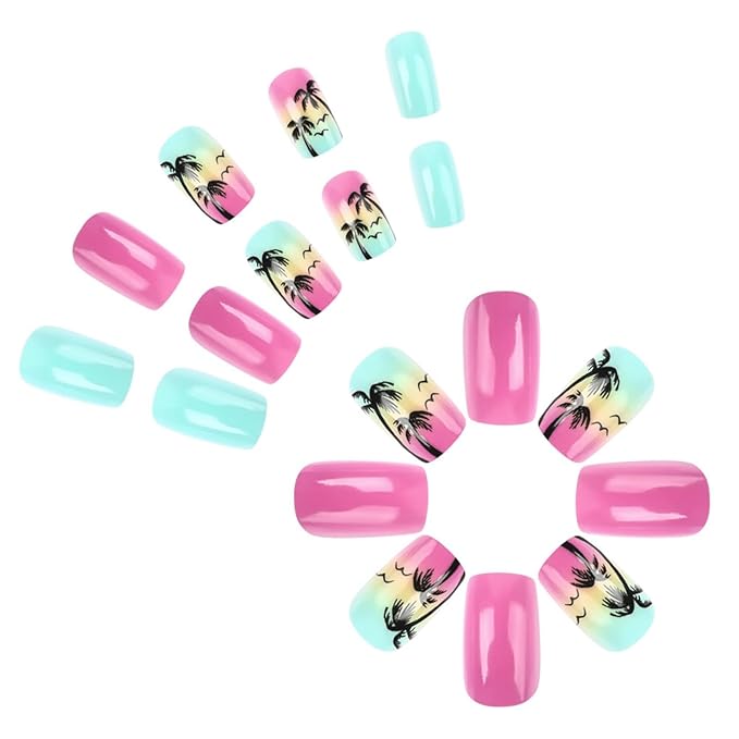 Summe Press on Nailsr Short Square Fake Nails Palm Tree False Nails Blue Pink Glossy Full Cover Acrylic Glue on Nails Cute Artificial Stick on Nails for Women Manicure 24 Pcs