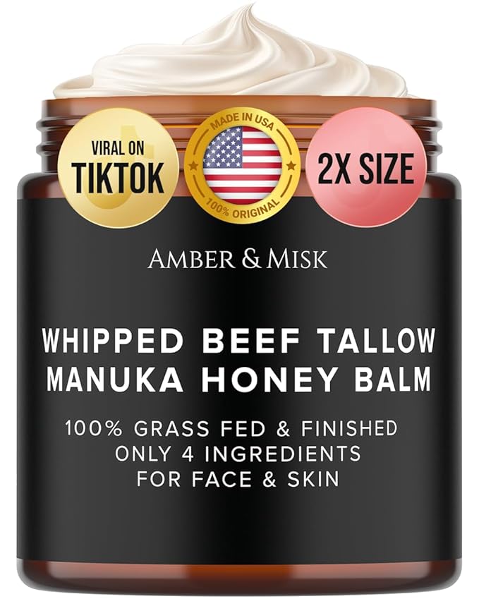 Whipped Beef Tallow and Honey Balm, 100% Grass Fed Beef Tallow Balm, Grass Finished Organic Beef Tallow for Skin, Face Wrinkles, Acne, No Fragrances, Made In USA Products Only, TikTok Trend Items