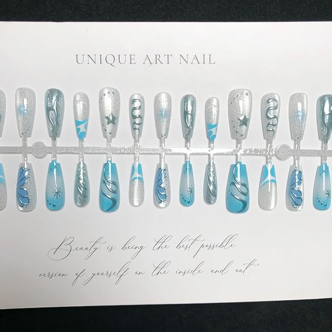 30Pcs Handmade Press on Nails Long Coffin Fake Nails Silver Snake Star with Rhinestones Glitter Design Full Cover Artificial Nails Y2k Glue on Nails Blue French Tip False Nails for Women Acrylic Nails