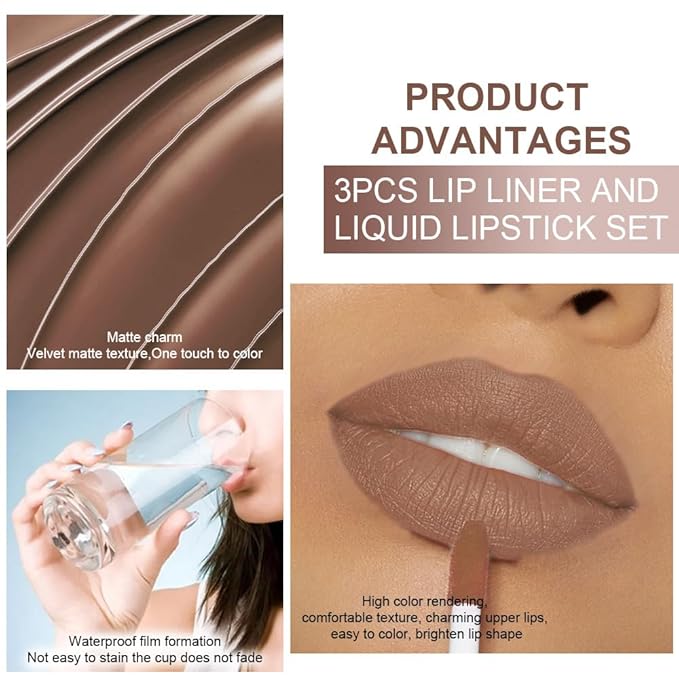 evpct 3Pcs Pale Neutral True Nude Matte Lip Liner & Liquid Lipstick Stain Makeup Set for Women, Lip Liner Stain Long Lasting Waterproof Smudge Proof, Cruelty Free Lip Makeup 24 hours originales labios