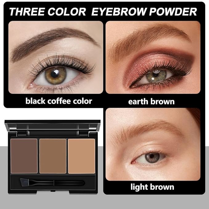 Brow Powder Kit with Mirror – Long-Lasting 3-Color Brow Filler for Full, Defined Natural Brows, Contour Palette with Double-Ended Brush, sombra para cejas (01)