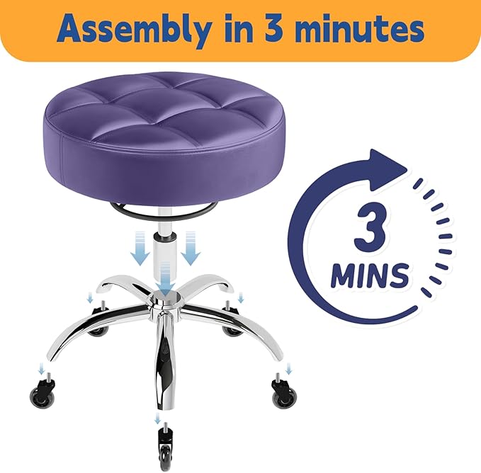 Rolling Stool Heavy Duty 400lb: Super Soft Seat Cushion,360° Swive,Height Adjustability,No Squeaky Noises,No Tip Over,New Upgraded Stool Salon Stool Chair, Tattoo Facial Massage Spa Medical (Purple)