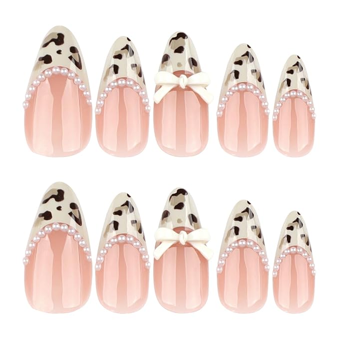 24Pcs Leopard Print French Tip Press on Nails Medium Almond Fake Nails Bow Glue on Nail 3D Pearl Gems Cute False Nails French Stick on Nail Bow Artificial Acrylic Nails for Women Daily Manicure Decor
