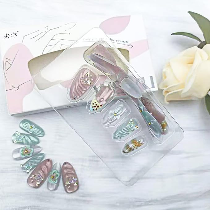 French Tip Press on Nails Medium Almond Nails Tip 3D Butterfly Fake Nails Reusable Cute Flower Acrylic Nails Gem Rhinestones False Nails with Water Ripples Design for Women Manicure Accessories 30Pcs