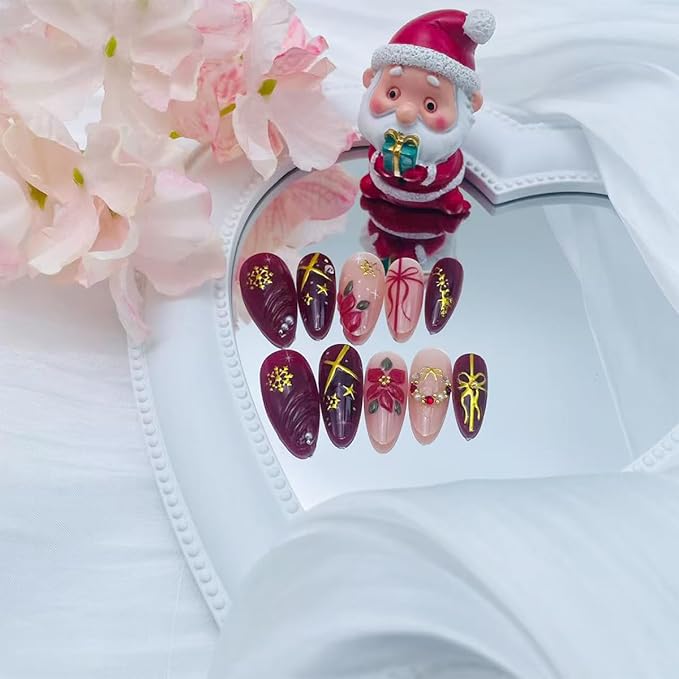 30Pcs Red Christmas Press on Nails Medium Almond Christmas Fake Nails 3D Gold Rhinestones Snowflake Designs Bow Flower Xmas Acrylic Stick on Nails Winter Full Cover Artificial Glue on Nail for Women