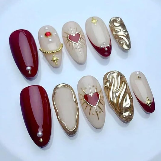 Red Press on Nails Medium Almond Shape NEWSPIED Fake Nails with Chrome Gold Wave & 3D Stars, Artificial Nails Full Cover Stick on Nails Heart Rhinestones Pearls Acrylic False Nails for Women 24 Pcs