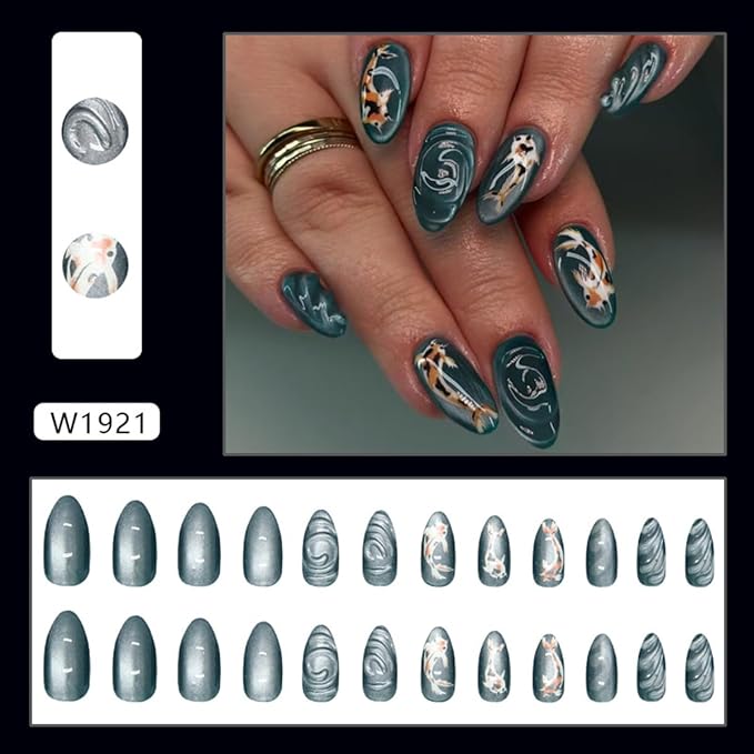 24Pcs Summer Press on Nails Almond Short Fake Nails 3D Water Ripples Cute Fish Design Elegant Shine Artificial False Nails Full Cover Stick on Nails for Women Dark Color Acrylic Nails Set
