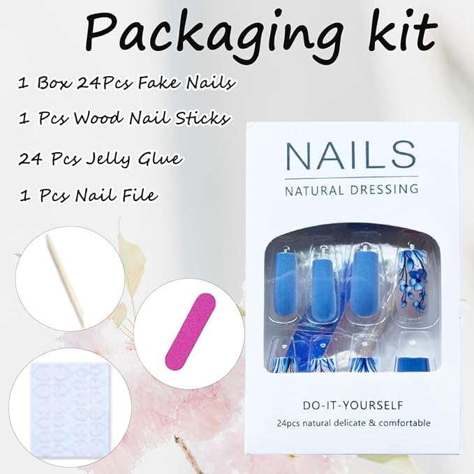 Coffin Press on Nails Medium Square Fake Nails with Blue Flower Designs Spring Summer Glue on Nails Full Cover Acrylic Nails Reusable Artificial False Nail for Women Girls Manicure Salon 24pcs