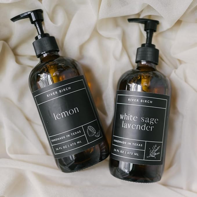 River Birch Midnight Amber Scented Natural Hand Soap - Handmade Soap - Moisturizing Hand Wash with Amber Glass Dispenser - Luxury Scented Hydrating Hand Soap - Vegan and Non-Toxic - 16 Fl Oz