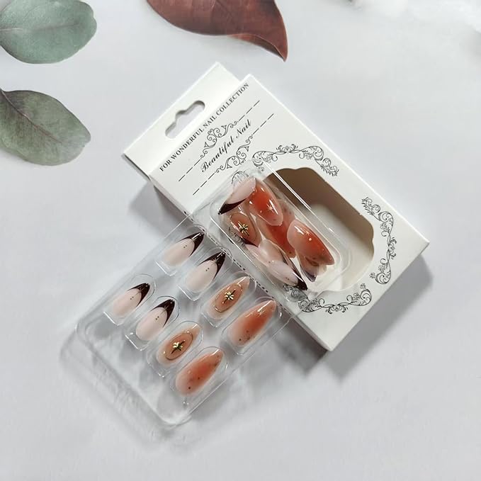 Brown French Press on Nails Medium Almond Fake Nails with 3D Gold Stars Design Gradient Blush Glossy Acrylic False Nails Fall Artificial Glue on Nail Full Cover Stick on Nail for Women 24Pcs