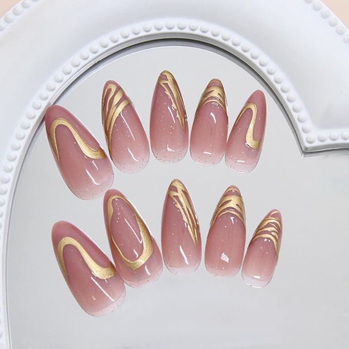3D Gold Press on Nails Medium Almond Fake Nails with Gold Line Design Stick on Nails Nude Nails Press Ons Handmade Full Cover Acrylic Glue On Nail for Women Nail Art Decoration 24Pcs