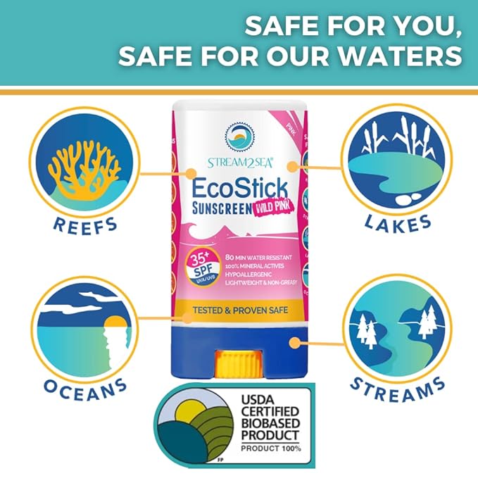 STREAM2SEA EcoStick SPF 35 Mineral Sunscreen Stick, Sweat Water Resistant Sunblock, USDA Approved Biodegradable Paraben Free Reef Safe Sunscreen Protection Against UVA UVB (EcoStick WildPink) 0.5 oz