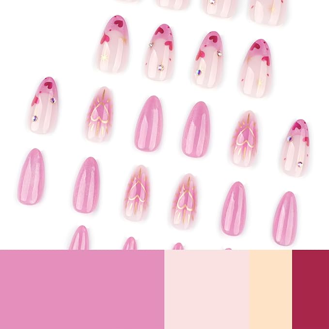 IMRAIN Press on Nails Medium Almond Fake Nails Pink Cat's Eye False Nails with Heart Designs Glossy Full Cover Glue on Nails Cute Acrylic Glitter Stick on Nails for Women Girls 24Pcs