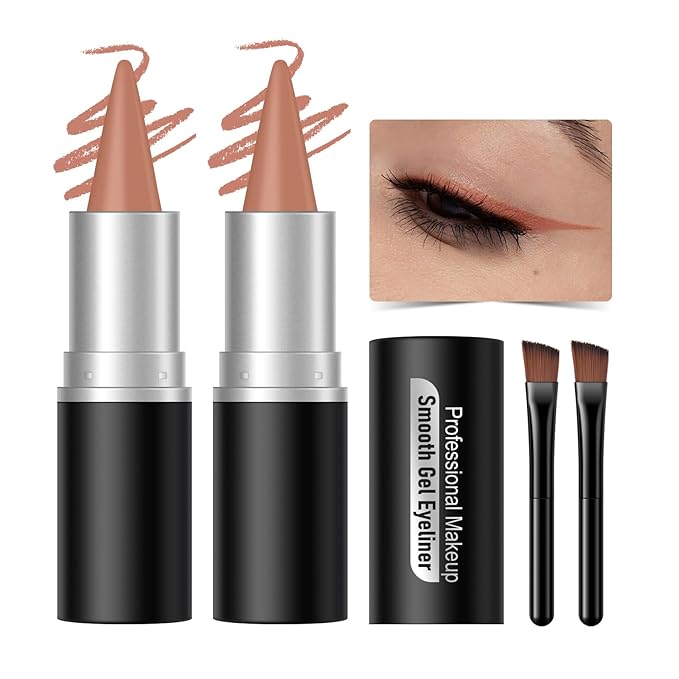 KYDA 2 Pcs Gel Eyeliner, Natural Eyeliner Cream for Older Women, Waterline Matte Eye Liner with Brushes, Waterproof Smudge Proof Smoky Eyeshadow, Multiuse Eyes Makeup Stick, Dark Skin