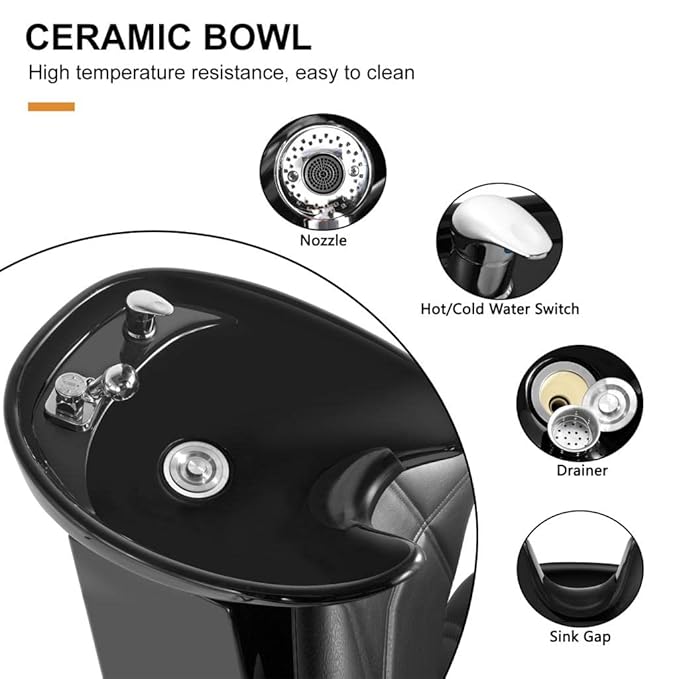 Artist hand Shampoo Bowl Backwash Barber Chair Adjustable Ceramic Bowl Sink W/Rubber Headrest for Salon Beauty Spa Equipment (Black)