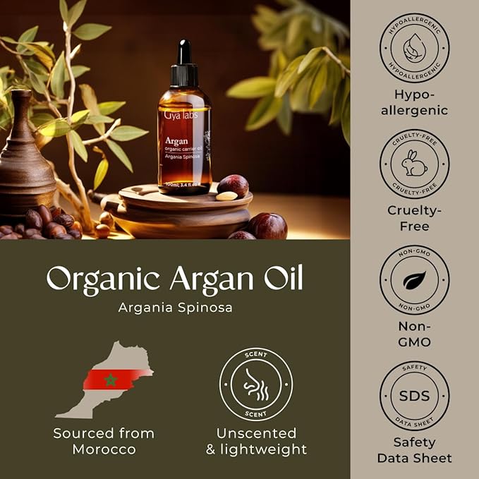 Gya Labs Organic Argan Oil for Hair - 100% Pure Natural Cold-Pressed Moroccan Argan Carrier Oil for Skin, Face, Nail, Lotions, Soaps & Conditioners (3.4 Fl Oz) - Soothing & Moisturizing