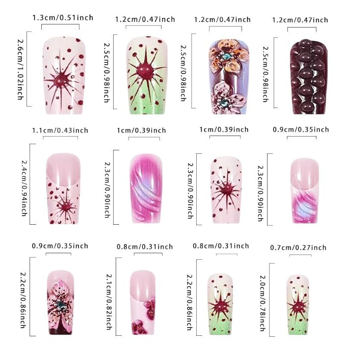 French Tip Press on Nails Long Square Fake Nails Pink False Nails with Flowers Designs Artificial Nails Charm Stick on Nails for Women 24pcs