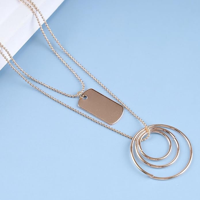 Vintage Layered Square Pendant Necklace Multi Circle Necklace Gold Square Choker Necklace Layer Circle Necklace Jewelry for Women