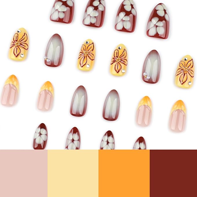 Yellow French Press On Nails Short Almond, Fall Fake Nails Adorned with Yellow and Burgundy Petal Accents, 3D Design, Glossy Gel Finish Acrylic Nails, Reusable Glue On Nails for Women, 24 Pcs