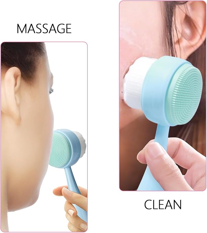 Face Brush 2 in 1, Facial Cleansing Brush Double Sides, Facial Exfoliation Scrub Brush Silicone Manual Face Scrubber Brush for Gentle Deep Pore Cleansing, Skincare (Sky Blue, 1 Pack)