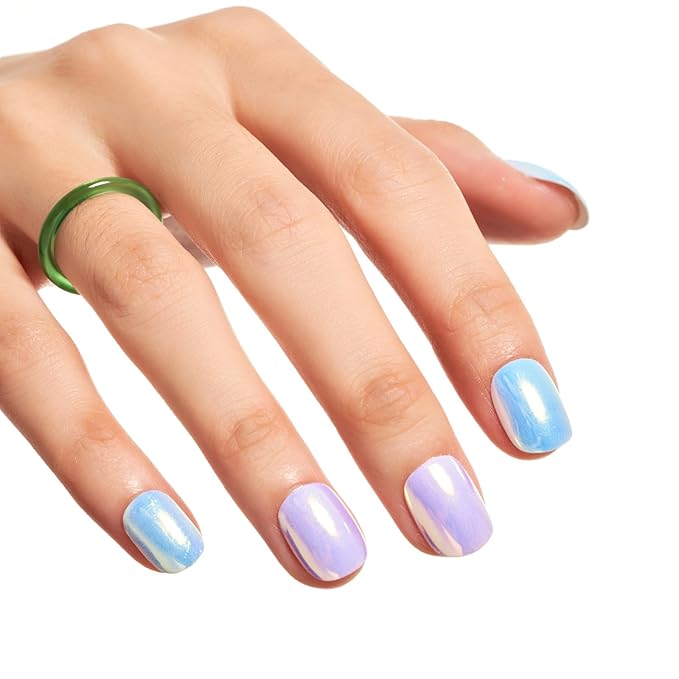 GLAMERMAID Extra Short Press on Nails 24PCS, Chrome Pink and Blue Fall Gel Glue on Nails, Glossy Round Reusable UV Finish Fake Nails Acrylic False Nails Manicure Kits for Women