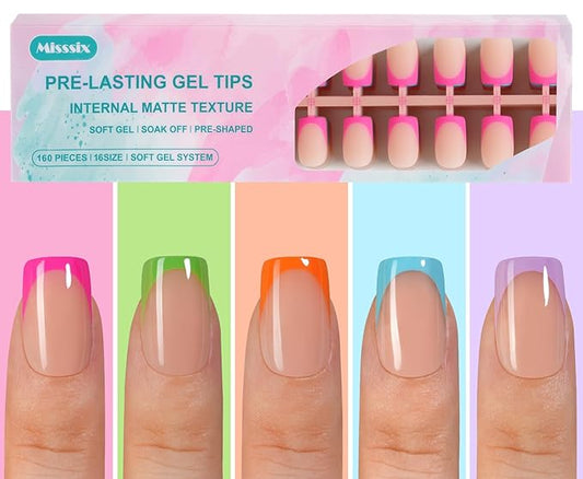 Misssix French Gel Nail Tips, 160Pcs French Tip Press on Nails Short Square, No Need to File Tips Pre-lasting, Fake Nails for Nail Art DIY 16 Sizes