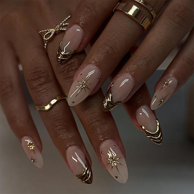 24Pcs Gold Press on Nails Medium Almond Fake Nails 3D Gold Chrome Rhinestone Design Stick on Nails French Tip False Nails Full Cover Acrylic Glue On Nail for Women Nail Art Decoration