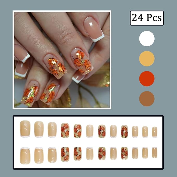 24Pcs Fall Press on Nails Short Square Thanksgiving Fake Nails with Glitter Autumn Maple Leaves False Nails French Tip Stick on Nails Fall Artificial Acrylic Nail Tips for Women Holiday Nail Decor
