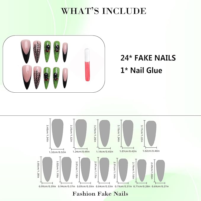 IMRAIN Handmade 3D Spider Press on Nails Long Stiletto Acrylic Fake Nails Halloween Black Green Glitter False Nails Goth Glossy Artificial Glue on Nails