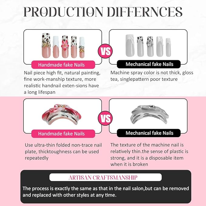 Handmade Press on Nails Almond Medium Fake Nails French Tip with 3D Flower Charm Designs Pink Glitter Cute Acrylic Nails for Women 10pcs (Size M）