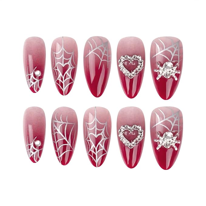 24Pcs Halloween Press on Nails Medium Almond Fake Nails Red Gradient False Nails with 3D Spider Heart Rhinestones Design Silver Spider Web Glue on Nails Full Cover Artificial Stick on Nail for Women