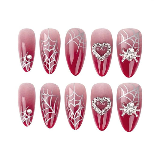 24Pcs Halloween Press on Nails Medium Almond Fake Nails Red Gradient False Nails with 3D Spider Heart Rhinestones Design Silver Spider Web Glue on Nails Full Cover Artificial Stick on Nail for Women