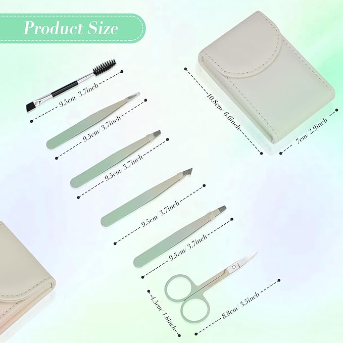 6 PCS Tweezers Set for Women, Eyebrow Tweezers Set with Curved Scissor for Ingrown Hair, Plucking Daily Beauty Tool with Leather Travel Case for Gifts (Gradient Green)