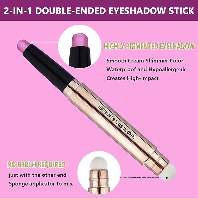 Pink Eyeshadow Stick And Sponge Makeup Brush Cream Shimmer Smooth Shadow Pencil Eyeliner Long Lasting Waterproof Eye Shadow Highlighter Stick Hypoallergenic Multi-Dimensional Eyes Look ( # 13)
