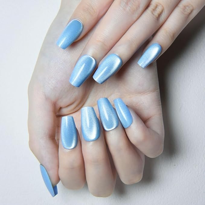 evpct Sky Blue Cat Eye Coffin Press on Nails Square Medium, Medium Square Glue on Nail for Women Gift, Sky Blue Metallic Glitter Glossy Reusable Summer Soft Gel Press on Acrylic Fake Nail with Designs