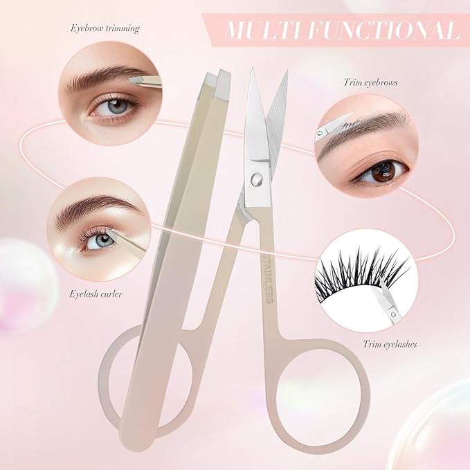 6 PCS Tweezers Set for Women, Eyebrow Tweezers Set with Curved Scissor for Ingrown Hair, Plucking Daily Beauty Tool with Leather Travel Case for Gifts (Gradient Pink)