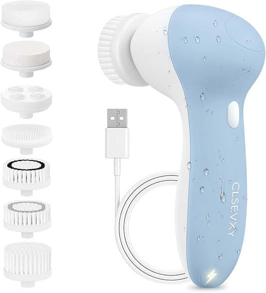 Rechargeable Facial Cleansing Spin Brush Set with 7 Exfoliating Brush Heads - Complete Face Spa System by CLSEVXY - Advanced Microdermabrasion for Gentle Exfoliation and Deep Scrubbing