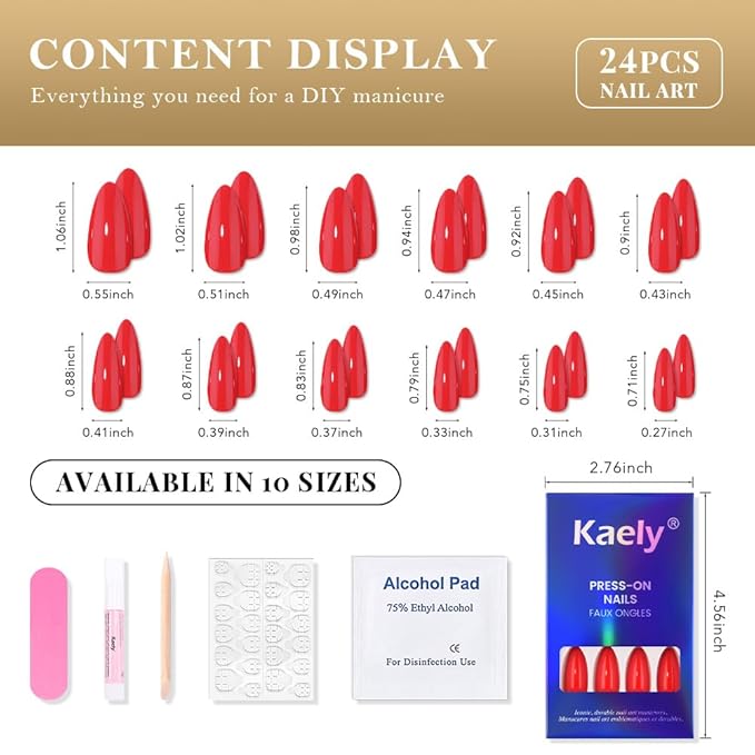 evpct Bright Red Medium Almond Glossy Press on Nails for Women Gift, Glossy Bright Red Fake Nail with Glue Manicure Kit, Soft Gel Full Cover Reusable Stick on Glue on Acrylic False Nails Perfectly Fit