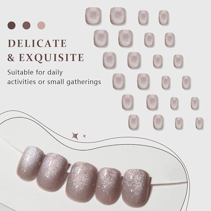 evpct Nude Cat Eye Extra Short Press on Nails Square, Petite Short Square Glue on Nails for Women Gift, Champagne Metallic Glitter Glossy Reusable Stick Gel Press on Acrylic Fake Nail with Designs