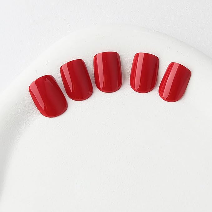 Red Press On Nails Short, Glossy Soft Gel Press On Nails Square with Nail Glue, 15 Sizes - 30 Fake Nails Kit, Thick Natural Reusable Glue On Nails for Women