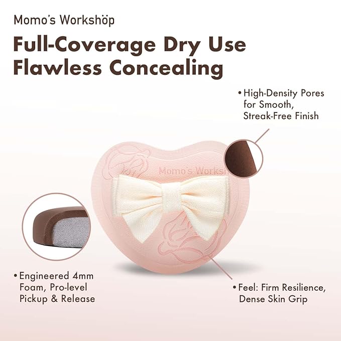 Heart-Shaped Makeup Sponge,Firm Bounce Rubycell, Foundation Sponge with Bow Tie Strap, for Precision Blending of Concealer/Cream Products, 3-Colors,Travel Friendly & Reusable & Storage Case