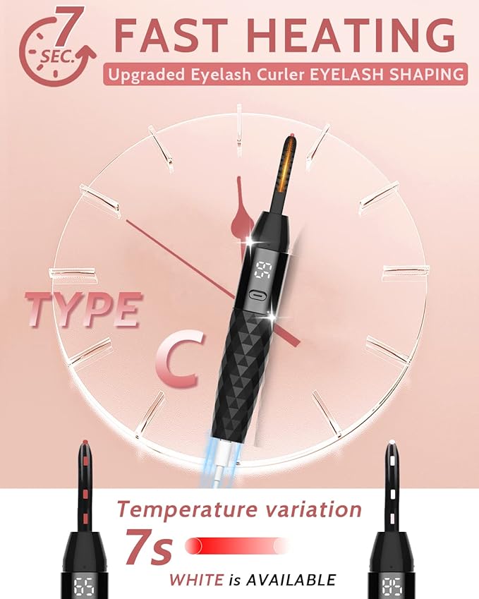 Heated Eyelash Curler - Heated Lash Curler - Electric Eyelash Curler Rechargeable for 24 Hours Long-Lasting Natural Eyelashes, LED Display - 4 Heating Modes, 8S Fast Heating, Gifts for Women Girls