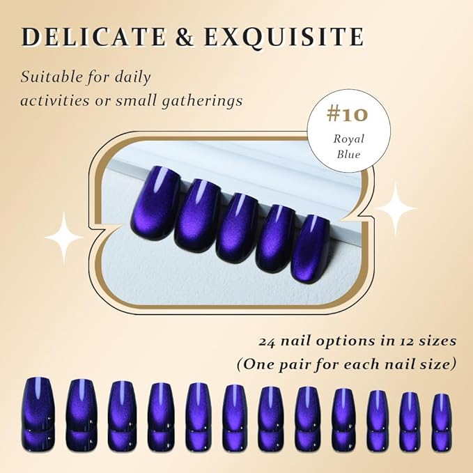 evpct Royal Blue Cat Eye Coffin Press on Nails Square Medium, Medium Square Glue on Nail for Women Gift, Royal Blue Metallic Glitter Glossy Reusable Soft Gel Press on Acrylic Fake Nails with Designs