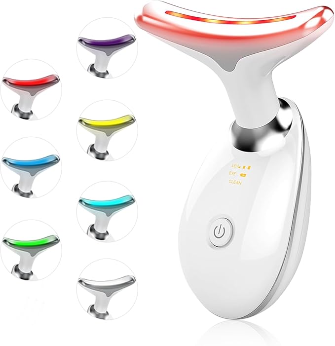 Facial Beauty Device, Face Massager Tool for Skin Care, Based on Triple Action LED, Thermal, and Vibration, Red and Blue LED Light, 7 Color Led Face and Neck Massager for Home Use (Glossy White)