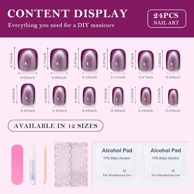 evpct Purple Cat Eye Short Press on Nails Square, Petite Short Square Glossy Nails with Designs for Women, Light Lavender Purple Glue on Glitter Reusable Gel Press on Acrylic Fake Nail Holographic