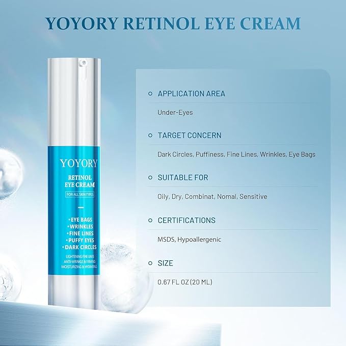 Retinol Under Eye Cream - Anti Aging Eye Cream Reduces Eye bags,Dark Circles, Fade Wrinkles, Fine Lines, and puffiness Smoothing Skin Care Treatment for Women and Men, 20ML(Blue)