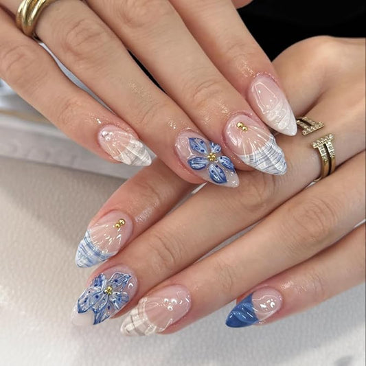 24Pcs Blue Flower Press on Nails Medium Almond Fake Nails with Pearl Water Ripple Designs French Tip False Nail Gold Beads 3D Flower Glue on Nail Summer Beach Stick on Nails for Women Girls