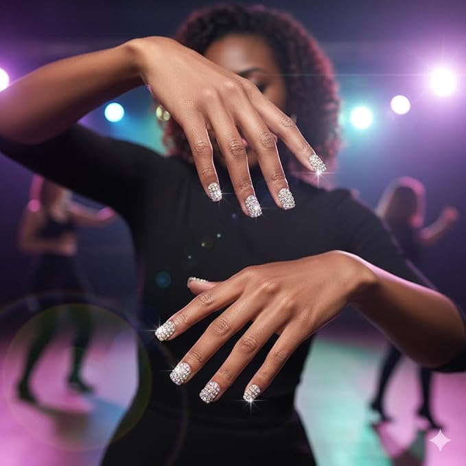 24pcs Handmade 3D Rhinestones Press On Nails Square Short Nails Women Girls Gifts Salon Manicure Shiny Crystal Nail Art Tips Fake Nails Reusable Acrylic False Nails